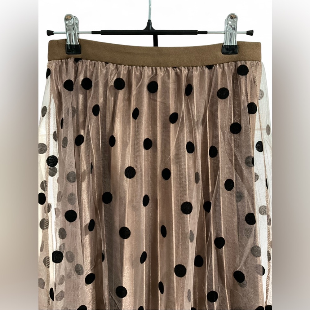 NWT EURO Mesh REVERSIBLE 2 in 1 Polka Dot Lace Flocking Swing A-line Midi Skirt - Picture 7 of 8